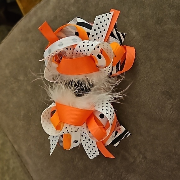 HANDMADE Polka Dot Feather Ribbon Gem Coquette Bow Hair Barrette - Picture 2 of 8